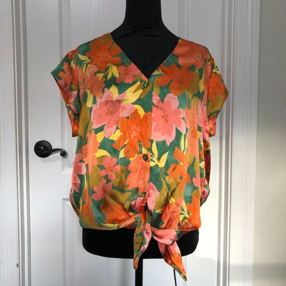DR2 Womens‎ Blouse L Orange Floral Short Sleeve Button Up Top Tie Front NWT